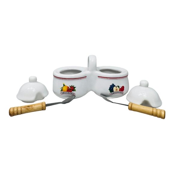 Vintage Smuckers Double Sided Jam/Jelly/Condiment Jar With Spoons & Lids EUC - Picture 2 of 10